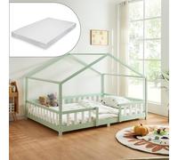 [en.casa] Lit d'enfant Design en Forme Maison avec Grille de Protection avec Matelas à Mousse à Froid Capacité de Charge 120 kg Bois de Pin Contreplaqué 200 x 120 cm Vert Menthe Blanc Laqué Mat
