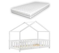 [en.casa] Lit d'enfant Design en Forme Maison avec Grille de Protection Construction Solide avec Matelas Orthopédique Capacité de Charge 50 kg Bois de Pin Contreplaqué 140 x 70 cm Blanc Mat Laqué