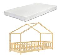 Lit d'enfant Treviolo Forme Maison avec Matelas à Mousse à Froid 200 x 90 cm Bois Naturel [en.casa]