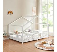 [en.casa] Lit d'enfant Design en Forme Maison avec Grille de Protection Construction Solide Capacité de Charge 200 kg Bois de Pin Contreplaqué 200 x 140 cm Blanc Mat Laqué