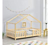 [en.casa] Lit d'enfant Design en Forme Maison avec Grille de Protection Construction Solide Capacité de Charge 50 kg Bois de Pin Contreplaqué 140 x 70 cm Bois Naturel
