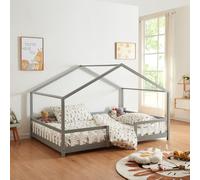 [en.casa] Lit d'enfant Design en Forme Maison avec Grille de Protection Construction Solide Capacité de Charge 120 kg Bois de Pin Contreplaqué 200 x 120 cm Gris