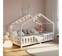 [en.casa] Lit d'enfant Design en Forme Maison avec Grille de Protection Construction Solide Capacité de Charge 70 kg Bois de Pin Contreplaqué 160 x 80 cm Blanc Mat Laqué