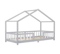 Lit d'Enfant Forme Maison avec Grille de Protection Treviolo 200 x 90 cm Gris Clair Blanc Mat Laqué [en.casa]