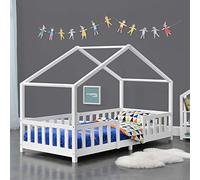 [en.casa] Lit d'enfant Design en Forme Maison avec Grille de Protection Construction Solide Capacité de Charge 100 kg Bois de Pin Contreplaqué 200 x 90 cm Blanc Mat Laqué