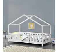 [en.casa] Lit d'enfant Design en Forme Maison avec Grille de Protection Construction Solide Capacité de Charge 50 kg Bois de Pin Contreplaqué 140 x 70 cm Blanc Mat Laqué