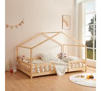 [en.casa] Lit d'enfant Design en Forme Maison avec Grille de Protection Construction Solide Capacité de Charge 120 kg Bois de Pin Contreplaqué 200 x 120 cm Naturel