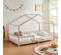[en.casa] Lit d'enfant Design en Forme Maison avec Grille de Protection Construction Solide Capacité de Charge 150 kg Bois de Pin Contreplaqué 200 x 140 cm Rose
