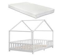[en.casa] Lit d'enfant Design en Forme Maison avec Grille de Protection Construction Solide Matelas à Mousse à Froid Capacité de Charge 200 kg Bois de Pin Contreplaqué 200 x 120 cm Blanc Mat Laqué