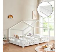 [en.casa] Lit d'enfant Design en Forme Maison Grille de Protection Construction Solide avec Matelas à Mousse à Froid Capacité de Charge 200 kg Bois de Pin Contreplaqué 200 x 140 cm Blanc Mat Laqué
