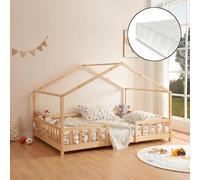 [en.casa] Lit d'enfant Design en Forme Maison Grille de Protection Construction Solide Matelas à Mousse à Froid Capacité de Charge 200 kg Bois de Pin Contreplaqué 200 x 140 cm Naturel