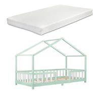 Lit d'enfant Treviolo Forme Maison avec Matelas à Mousse à Froid 200 x 90 cm Menthe Blanc [en.casa]