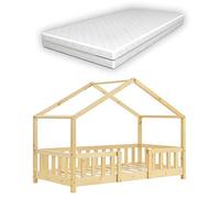 [en.casa] Lit d'enfant Design en Forme Maison Grille de Protection Construction Solide Matelas Orthopédique Capacité de Charge 50 kg Bois de Pin Contreplaqué 140 x 70 cm Bois Naturel