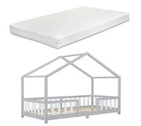 Lit d'enfant Treviolo Forme Maison avec Matelas à Mousse à Froid 200 x 90 cm Gris Clair Blanc [en.casa]