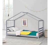 [en.casa] Lit d'enfant Design Maison Lit Cabane Pin Contreplaqué Solide Robuste 90 x 200 cm Gris Mat Laqué