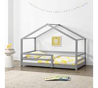 [en.casa] Lit d'enfant en Forme de Maison avec Barreaux de Sécurité Grille de Protection Structure Solide Design Ludique Pin Naturel 90 x 200 cm Gris Clair Mat Laqué