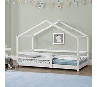[en.casa] Lit d'enfant en Forme de Maison avec Barreaux de Sécurité Grille de Protection Structure Solide Design Ludique Pin Naturel 80 x 160 cm Blanc Mat Laqué