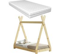 Lit Tipi pour Enfants avec Matelas Orthopédique Onejda Bois Naturel 70 x 140 cm [en.casa]