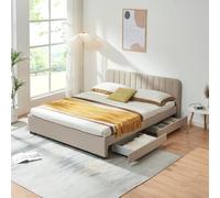 [en.casa] Lit Double avec 4 Tiroirs sur roulettes Lit Adulte avec Tête de Lit Rembourré Capacité 500 kg MDF Polyester Contreplaqué Métal Plastique 140 x 200 cm Beige