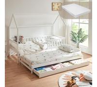 [en.casa] Lit Double d'enfant en Forme de Maison Lit Extensible avec Matelas Sommier à Lattes Sécurisé avec Barrière 2 Tiroirs Extractibles Bords Arrondis Bois de Pin Contreplaqué 90 x 200 cm Blanc