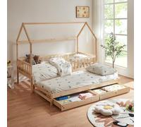 [en.casa] Lit Double d'enfant en Forme de Maison Lit Extensible avec Sommier à Lattes Sécurisé avec Barrière 2 Tiroirs Extractibles Bords Arrondis Bois de Pin Contreplaqué 90 x 200 cm Naturel