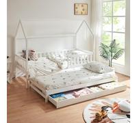[en.casa] Lit Double d'enfant en Forme de Maison Lit Extensible avec Sommier à Lattes Sécurisé avec Barrière 2 Tiroirs Extractibles Bords Arrondis Bois de Pin Contreplaqué 90 x 200 cm Blanc