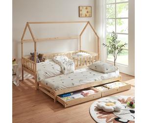 [en.casa] Lit Double d'enfant en Forme de Maison Lit Extensible avec Sommier à Lattes Sécurisé avec Barrière 2 Tiroirs Extractibles Bords Arrondis Bois de Pin Contreplaqué 90 x 200 cm Naturel