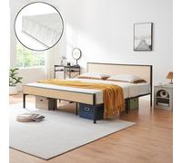 [en.casa] Lit Double Élégant avec Matelas Confortable et Tête de Lit Rectangulaire Capacité de Charge 300 kg Stable Résistant aux Rayures Métal Tressage Plastique 180 x 200 cm Noir Effet Rotin