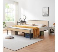 [en.casa] Lit Double Élégant avec Tête de Lit Rectangulaire Capacité de Charge 300 kg Résistant aux Rayures Confortable Stable Métal Tressage en Plastique 180 x 200 cm Noir Effet Rotin