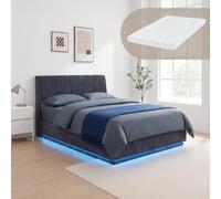 [en.casa] Lit Double LED Tröstiar avec Matelas 140 x 200 cm Bleu | Capitonné, Éclairage LED Réglable par Télécommande Coffre de Lit Spacieux Confortable Capacité de Charge 500 kg