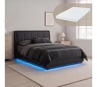 [en.casa] Lit Double LED Tröstiar avec Matelas 140 x 200 cm Noir Simili | Capitonné, Éclairage LED Réglable par Télécommande Coffre de Lit Spacieux Confortable Capacité de Charge 500 kg