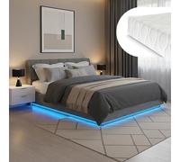 [en.casa] Lit Double LED Tröstiar avec Matelas 180 x 200 cm Anthracite | Capitonné, Éclairage LED Réglable par Télécommande Coffre de Lit Spacieux Confortable Capacité de Charge 500 kg