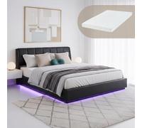 [en.casa] Lit Double LED Tröstiar avec Matelas 180 x 200 cm Noir Simili | Capitonné, Éclairage LED Réglable par Télécommande Coffre de Lit Spacieux Confortable Capacité de Charge 500 kg