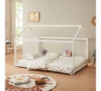 [en.casa] Lit Enfant en Forme de Maison Lit Cabane Solide avec Sommier à Lattes Capacité de Charge 140 kg Bois de Pin 120 x 200 cm Blanc Mat Laqué