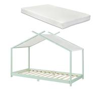 [en.casa] Lit Enfant Forme Maison avec Matelas à Mousse Froid Respirant Sommier à Lattes Lit Cabane pour Chambre d'enfant Bois de Pin Contreplaqué 90 x 200 cm Vert Menthe Blanc