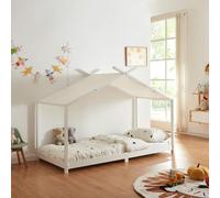 [en.casa] Lit Enfant Forme Maison Lit Cabane pour Chambre d'enfant avec Sommier à Lattes et Toit Amovible Bois de Pin Polyester Coton Contreplaqué 90 x 200 cm Blanc
