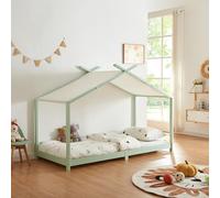 [en.casa] Lit Enfant Forme Maison Lit Cabane pour Chambre d'enfant avec Sommier à Lattes et Toit Amovible Bois de Pin Polyester Coton Contreplaqué 90 x 200 cm Vert Menthe Blanc