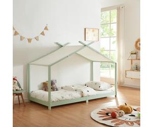 [en.casa] Lit Enfant Forme Maison Lit Cabane pour Chambre d'enfant avec Sommier à Lattes et Toit Amovible Bois de Pin Polyester Coton Contreplaqué 90 x 200 cm Vert Menthe Blanc