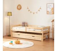 [en.casa] Lit Gigogne pour Enfant avec 2 Tiroirs et Barrière de Protection Capacité de Charge 100 kg par Couchage Espace de Rangement Bois de Pin Contreplaqué 90 x 200 cm Naturel