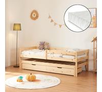 [en.casa] Lit Gigogne pour Enfant avec Matelas à Mousse Froid 2 Tiroirs Coulissants Lit Simple avec Barrière de Protection Bois de Pin Contreplaqué 90 x 200 cm Naturel