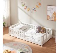 [en.casa] Lit pour Enfant avec Structure Robuste Barrière de Protection Anti-Chute Décorative Sommier à Lattes Capacité de Charge 80 kg Bois de Pin Contreplaqué 80 x 160 cm Blanc