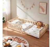 [en.casa] Lit pour Enfant avec Structure Robuste Barrière de Protection Anti-Chute Décorative Sommier à Lattes Capacité de Charge 100 kg Bois de Pin Contreplaqué 90 x 200 cm Naturel