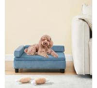 [en.casa] Lit Rembourré pour Animaux Panier Chien Chat de Petite à Moyenne Taille avec Compartiment de Rangement et Couvercle Rabattable Protection au Sol MDF Velours Polyuréthane 60 x 45 x 24 cm Bleu