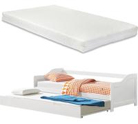 [en.casa] Lit tandem 2x 90x200cm Blanc Lit gigogne avec 2x matelas Double canapé-lit avec sommier à lattes Lit fonctionnel en pin Canapé-lit Lit d'invité Lit de couchette Lit de jour