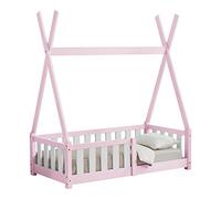 [en.casa] Lit Tipi pour Enfants avec Sommier à Lattes Confortable Protection Contre Les Chutes Capacité de Charge 80 kg Stable Design Moderne Bois de Pin Contreplaqué Rose Blanc 140 x 70 cm