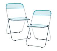 [en.casa] Lot de 2 Chaises Pliantes Ensemble de 2 Sièges de Salle à Manger Set de 2 Chaises pour Invités Cuisine Bureau Acier Chromé Polycarbonate 74 x 46 x 47 cm Bleu Clair Transparent