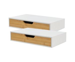 [en.casa] Lot de 2 Étagères Murales Design Intemporel avec Tiroir Intégré Ensemble de 2 Tables de Chevet Suspendues Capacité de Charge 5 kg Bambou 40 x 24 x 8 cm Blanc Naturel