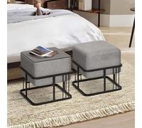 [en.casa] Lot de 2 poufs empilables avec Fonction de Table 2 in 1 Tabouret Carré Repose-Pieds Rembourré Multifonctionnel Élégant pour Salon Séjour Polyester MDF Métal 38 x 38 x 38 cm Gris Clair
