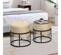 [en.casa] Lot de 2 poufs empilables avec Fonction de Table 2 in 1 Tabouret Rond Repose-Pieds Rembourré Multifonctionnel Élégant pour Salon Séjour Polyester MDF Métal 38 x 38 cm Beige