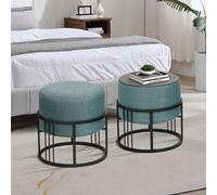 [en.casa] Lot de 2 poufs empilables avec Fonction de Table 2 in 1 Tabouret Rond Repose-Pieds Rembourré Multifonctionnel Élégant pour Salon Séjour Polyester MDF Métal 38 x 38 cm Vert